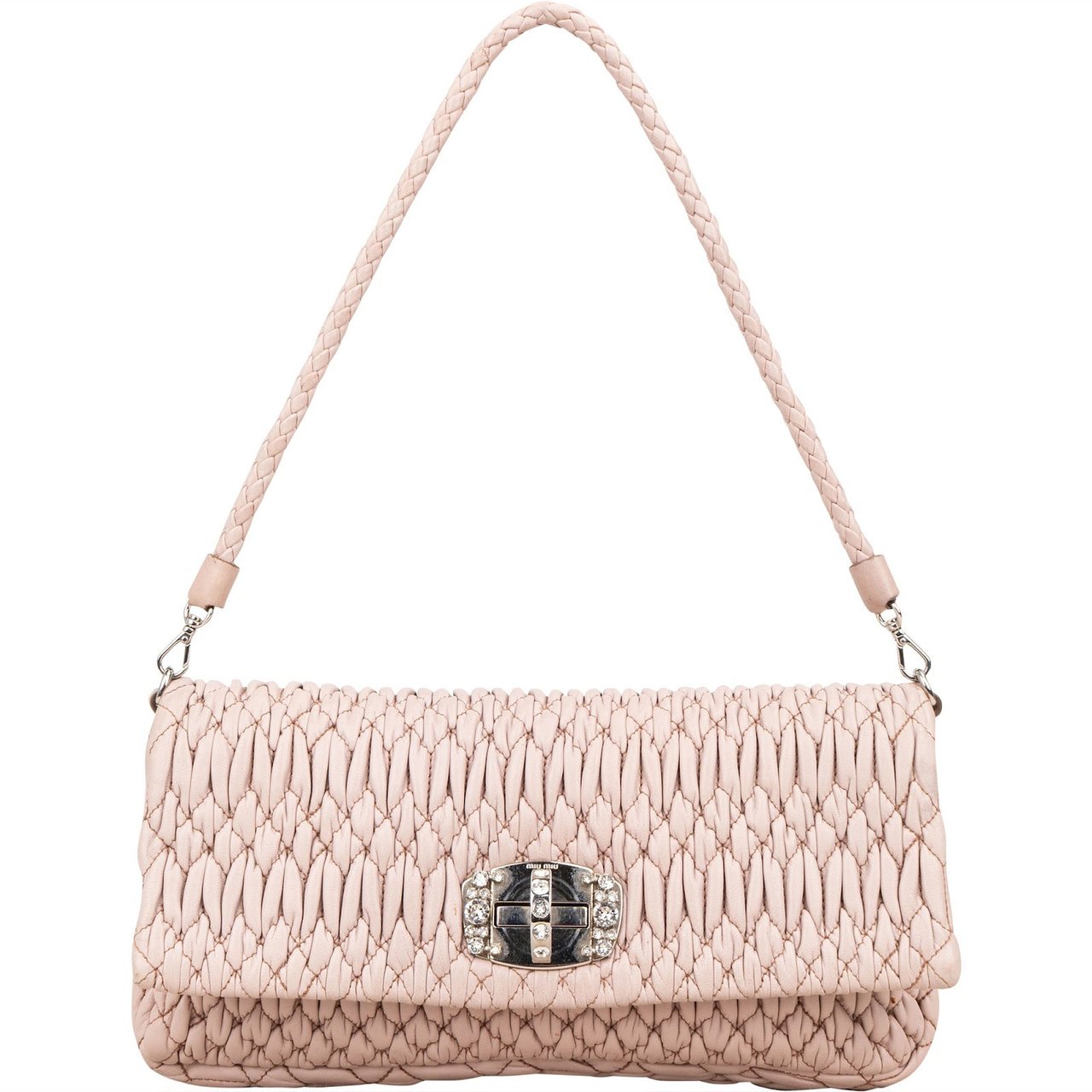 Miu Miu Matelassé Nappa Leather Crystal Flap Shoulder Bag Roze