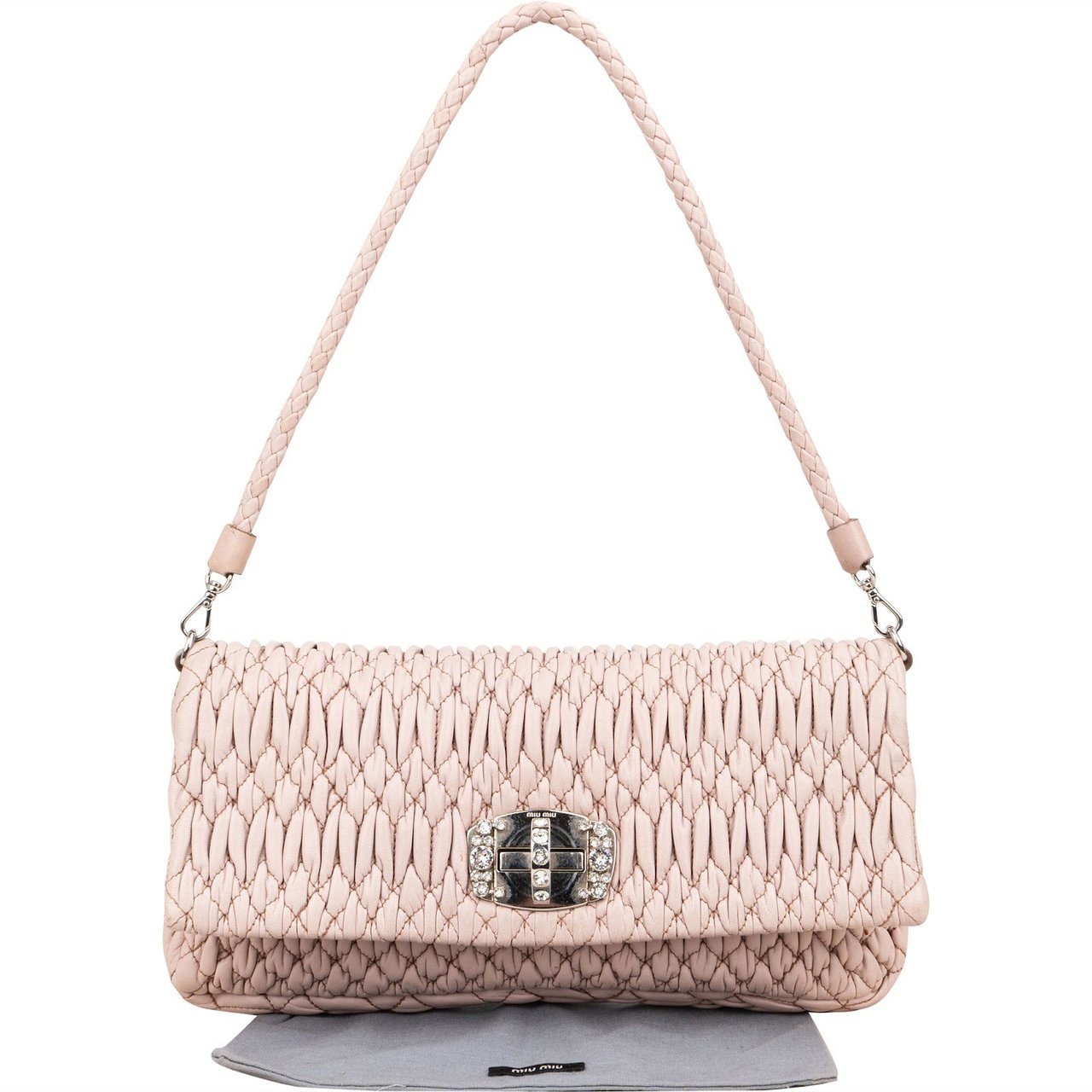Miu Miu Matelassé Nappa Leather Crystal Flap Shoulder Bag Roze