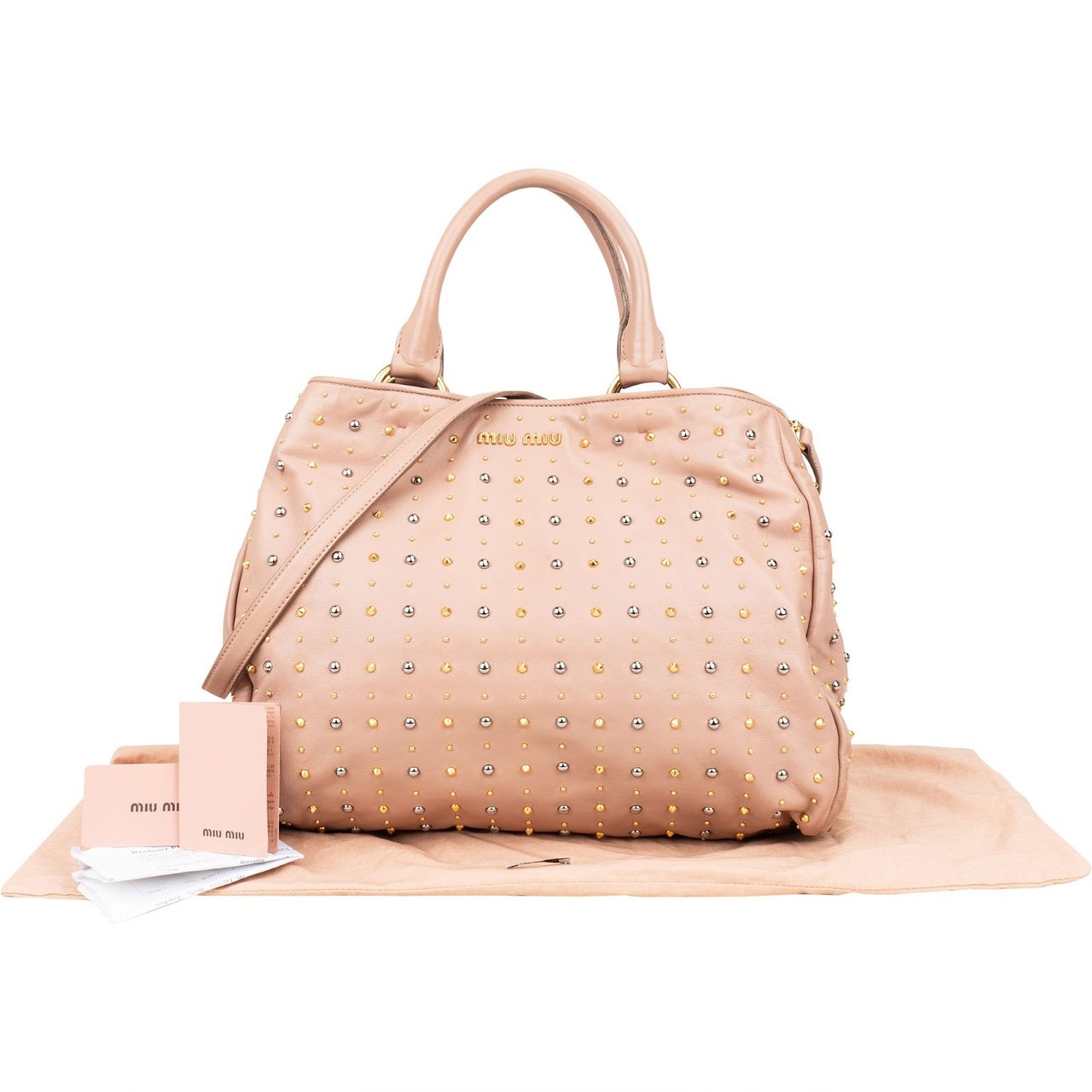 Miu Miu Studded Vitello Lux Tote Handbag Roze