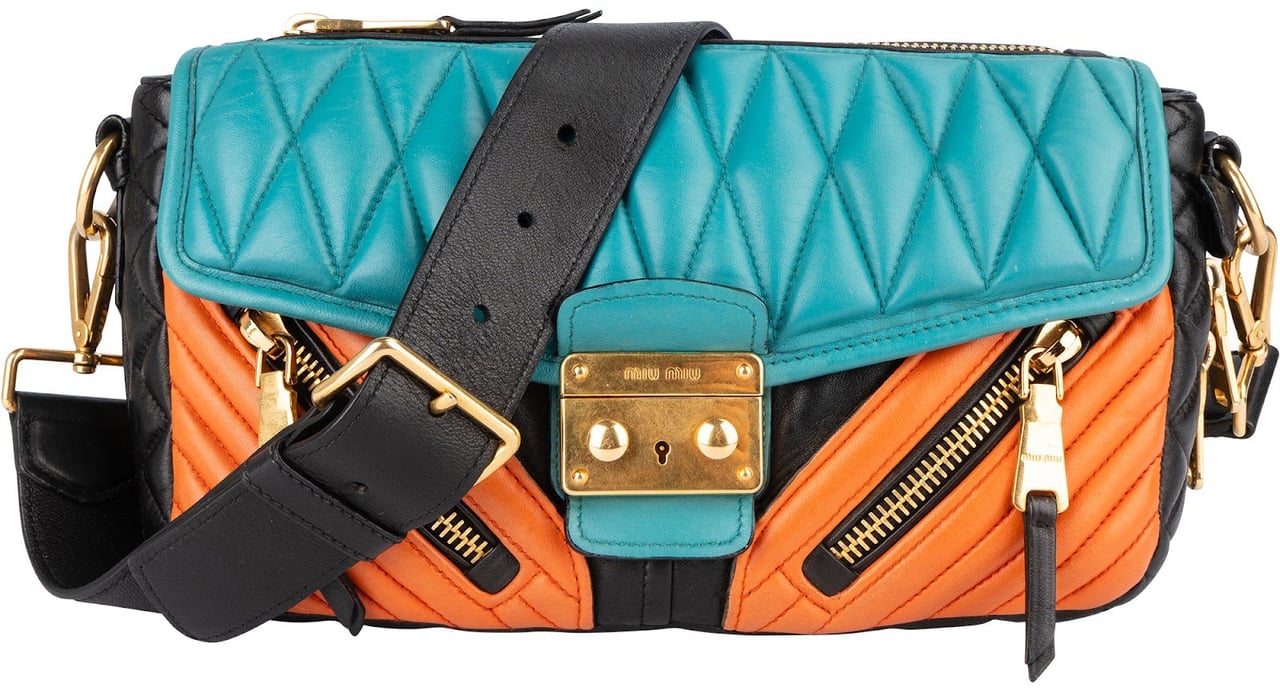 Miu Miu Miu Miu Quilted TricolorLeather Biker Crossbody Bag Zwart