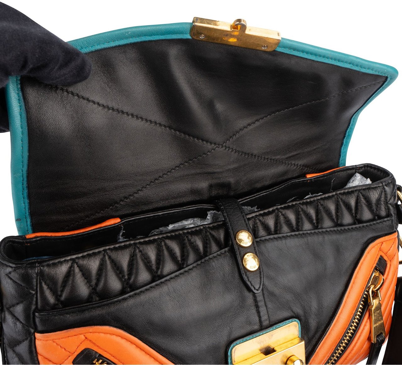 Miu Miu Miu Miu Quilted TricolorLeather Biker Crossbody Bag Zwart