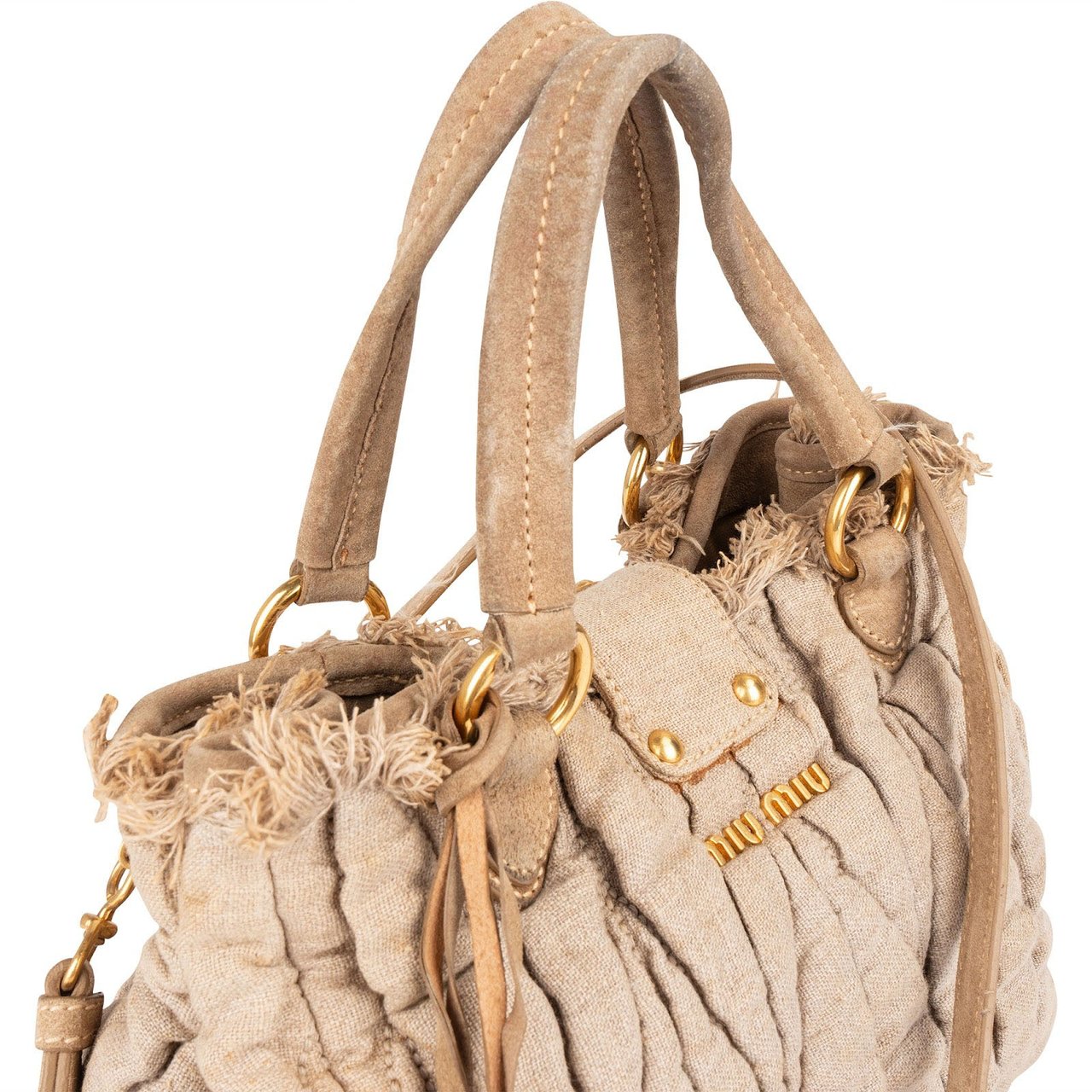 Miu Miu Quilted Fabric City Handbag Beige