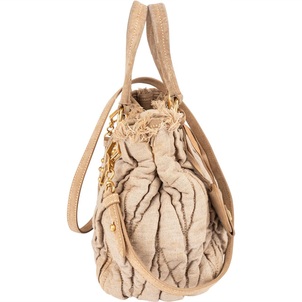 Miu Miu Quilted Fabric City Handbag Beige