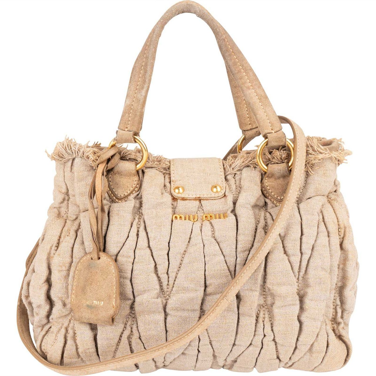 Miu Miu Quilted Fabric City Handbag Beige