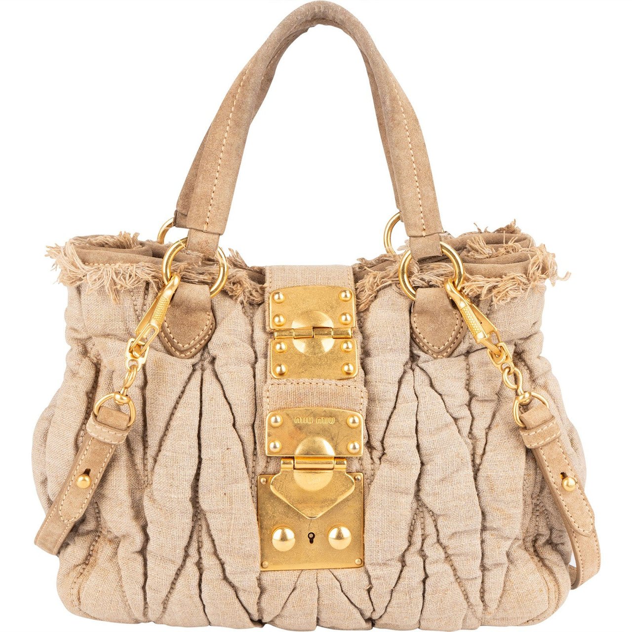 Miu Miu Quilted Fabric City Handbag Beige