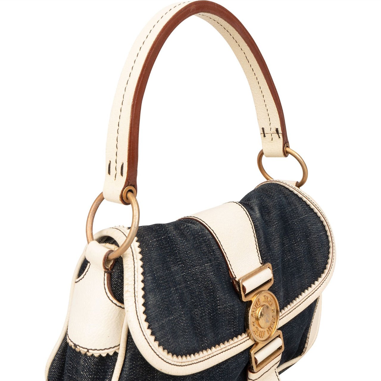 Miu Miu Miu Miu Denim and Leather Flap Handbag Blauw