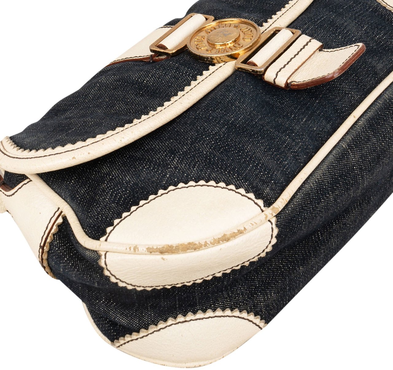 Miu Miu Miu Miu Denim and Leather Flap Handbag Blauw