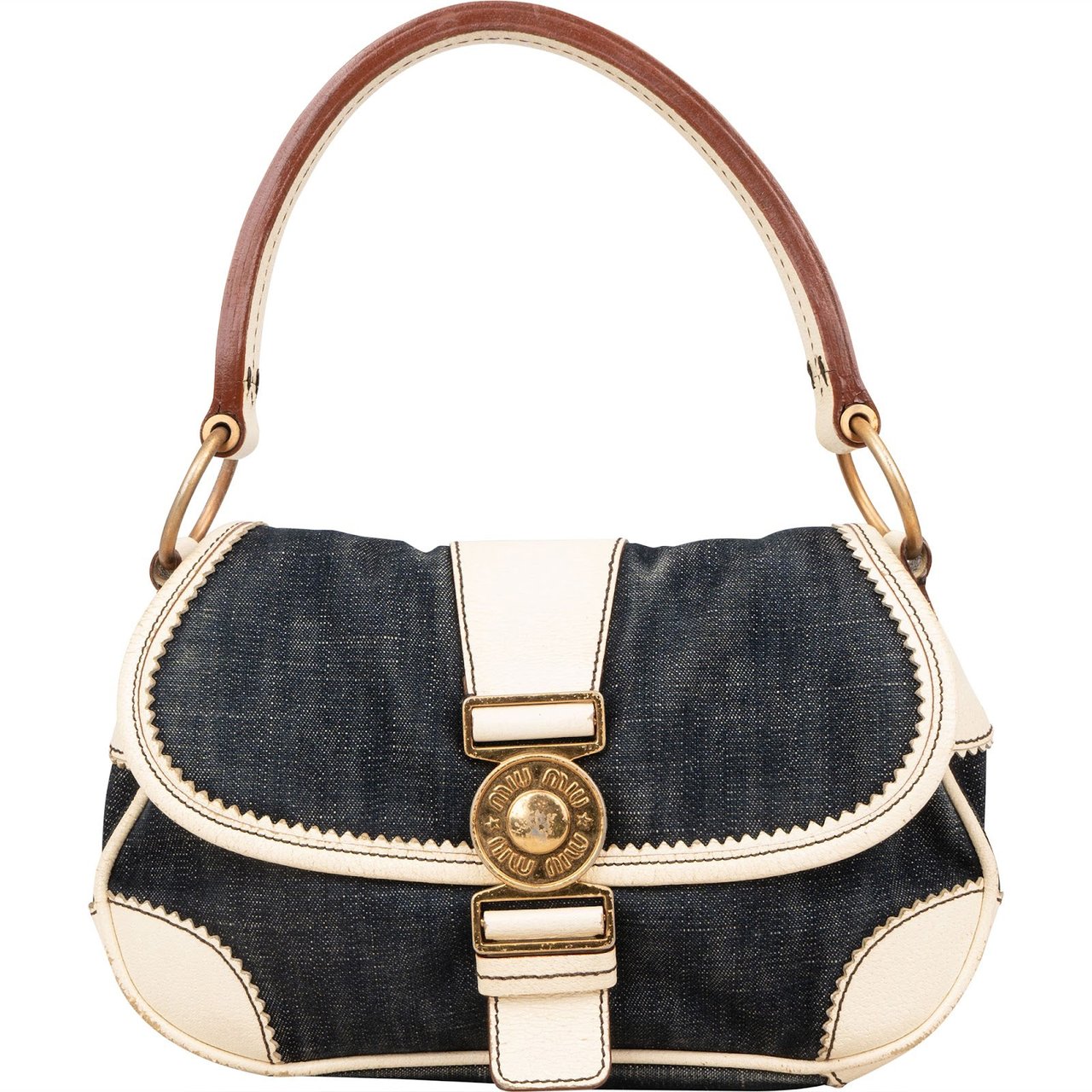 Miu Miu Miu Miu Denim and Leather Flap Handbag Blauw