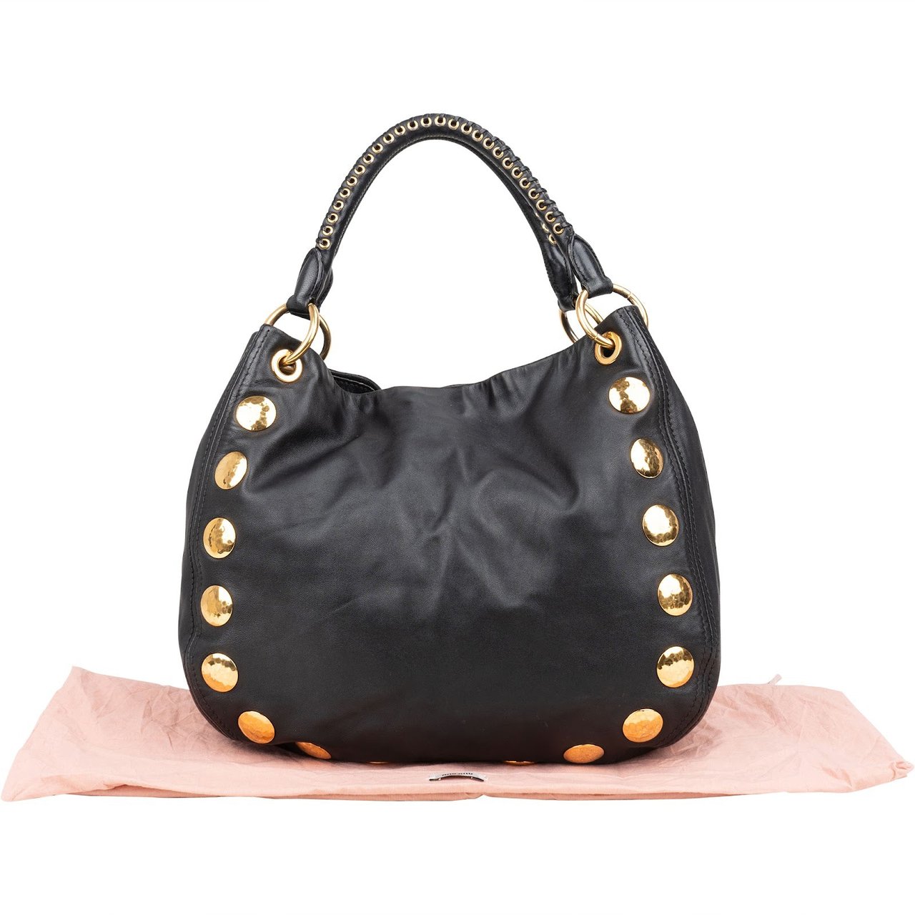 Miu Miu Miu Miu Black Leather Studded Bauletto Handbag Zwart
