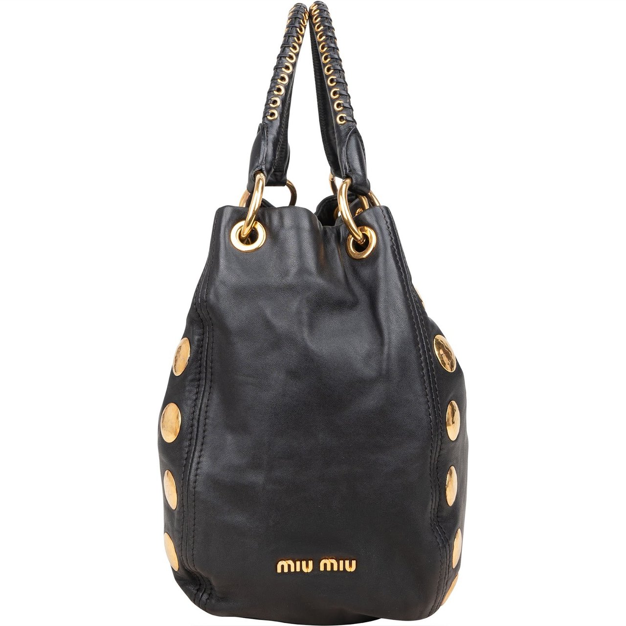 Miu Miu Miu Miu Black Leather Studded Bauletto Handbag Zwart