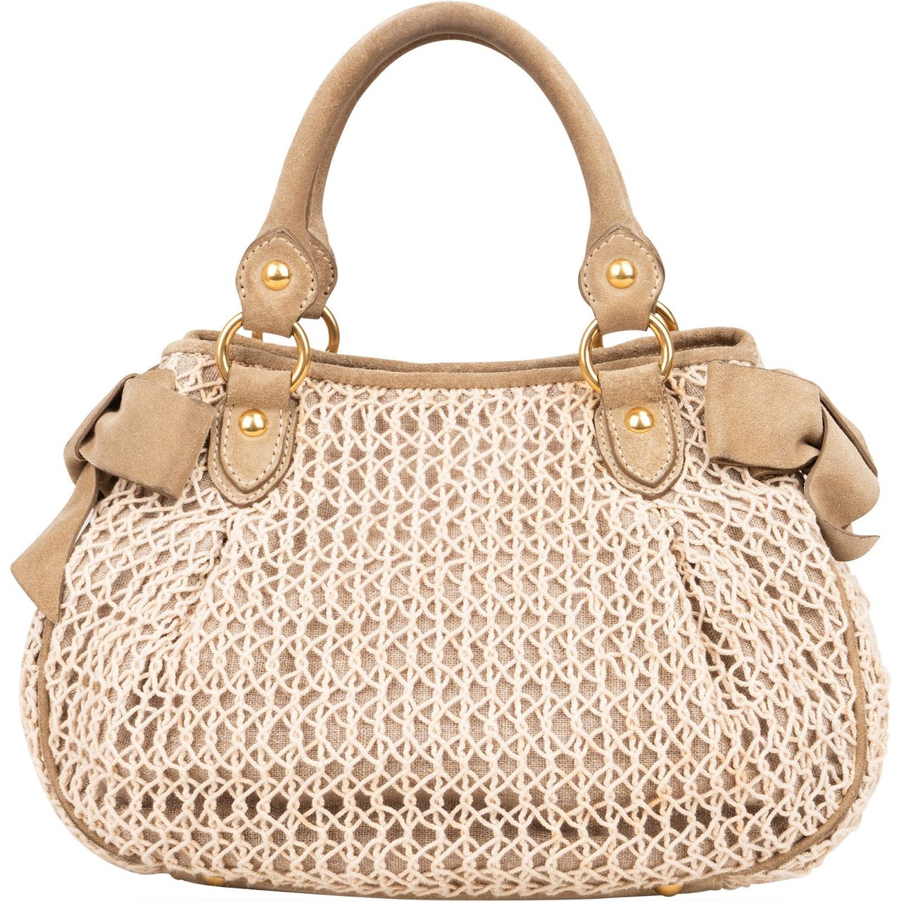 Miu Miu Miu Miu Suede and Crochet Bow City Handbag Beige