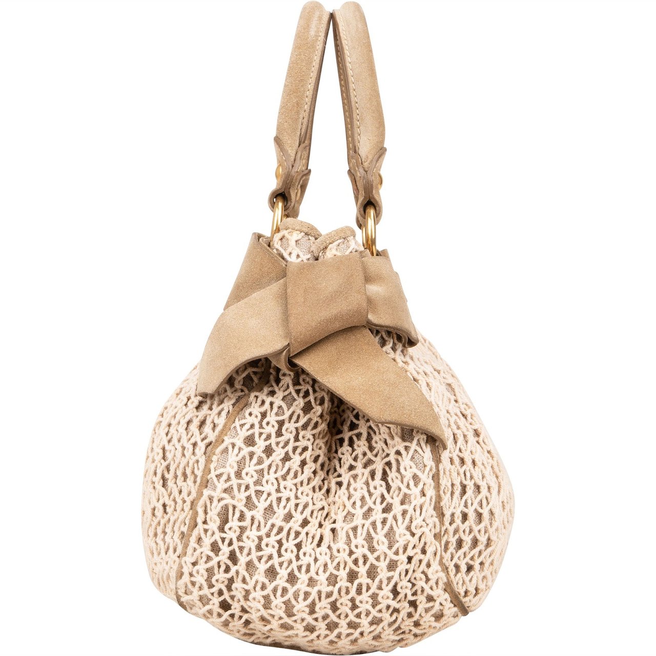 Miu Miu Miu Miu Suede and Crochet Bow City Handbag Beige