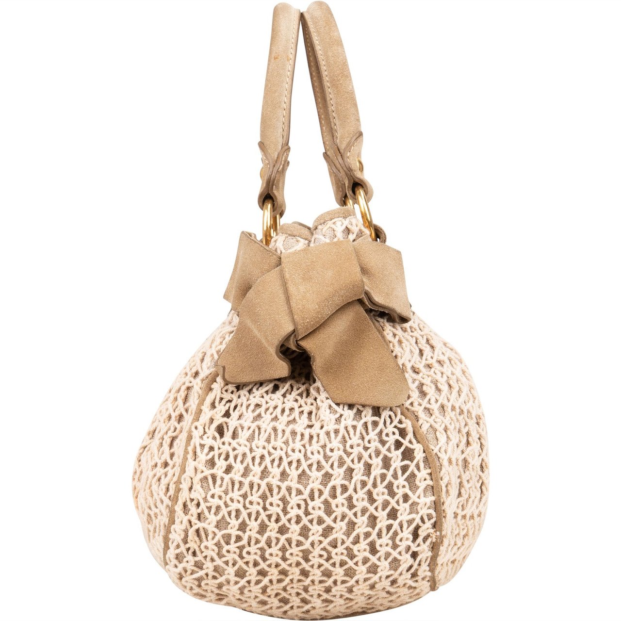 Miu Miu Miu Miu Suede and Crochet Bow City Handbag Beige