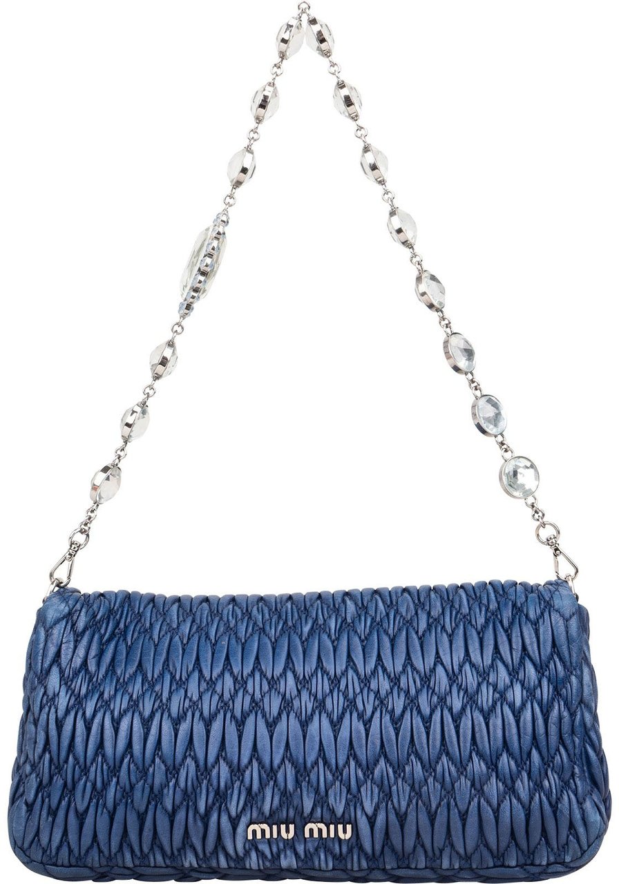 Miu Miu Miu Miu Matelassé Nappa Leather Crystal Shoulder Bag Blauw