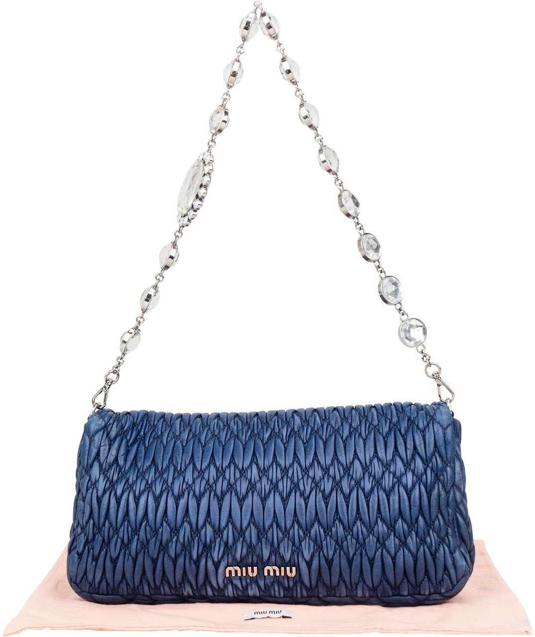 Miu Miu Miu Miu Matelassé Nappa Leather Crystal Shoulder Bag Blauw