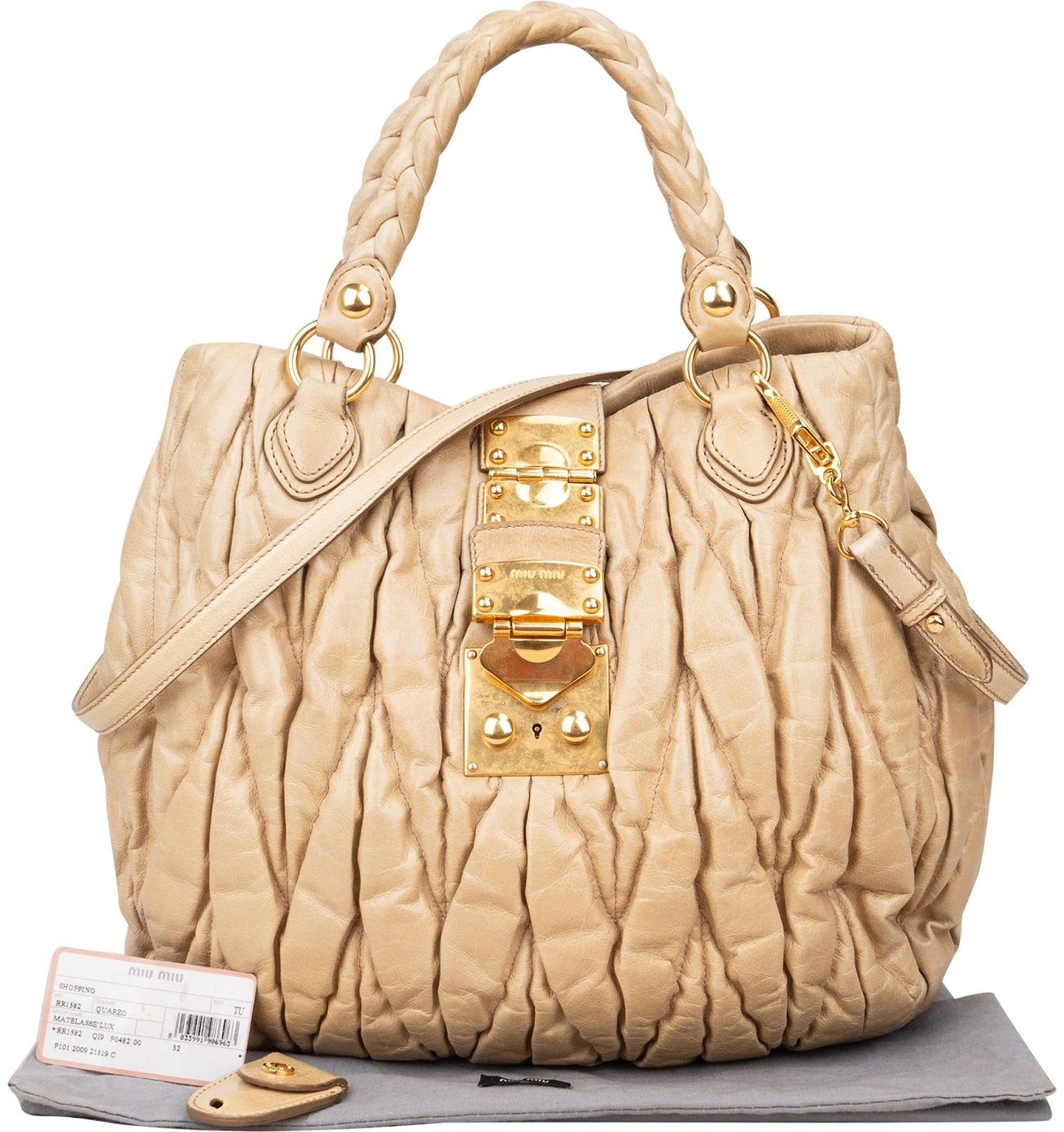 Miu Miu Miu Miu Matelassé Nappa Leather Hobo Shopping Handbag Beige