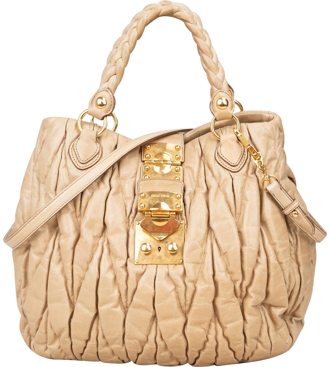 Miu Miu Miu Miu Matelassé Nappa Leather Hobo Shopping Handbag Beige
