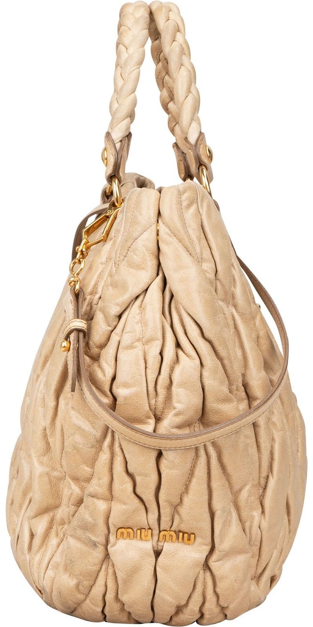 Miu Miu Matelassé Nappa Leather Hobo Shopping Handbag Beige
