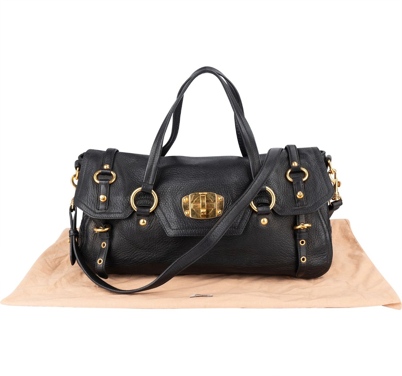 Miu Miu Vitello Lux Leather Coffer Satchel Handbag Zwart