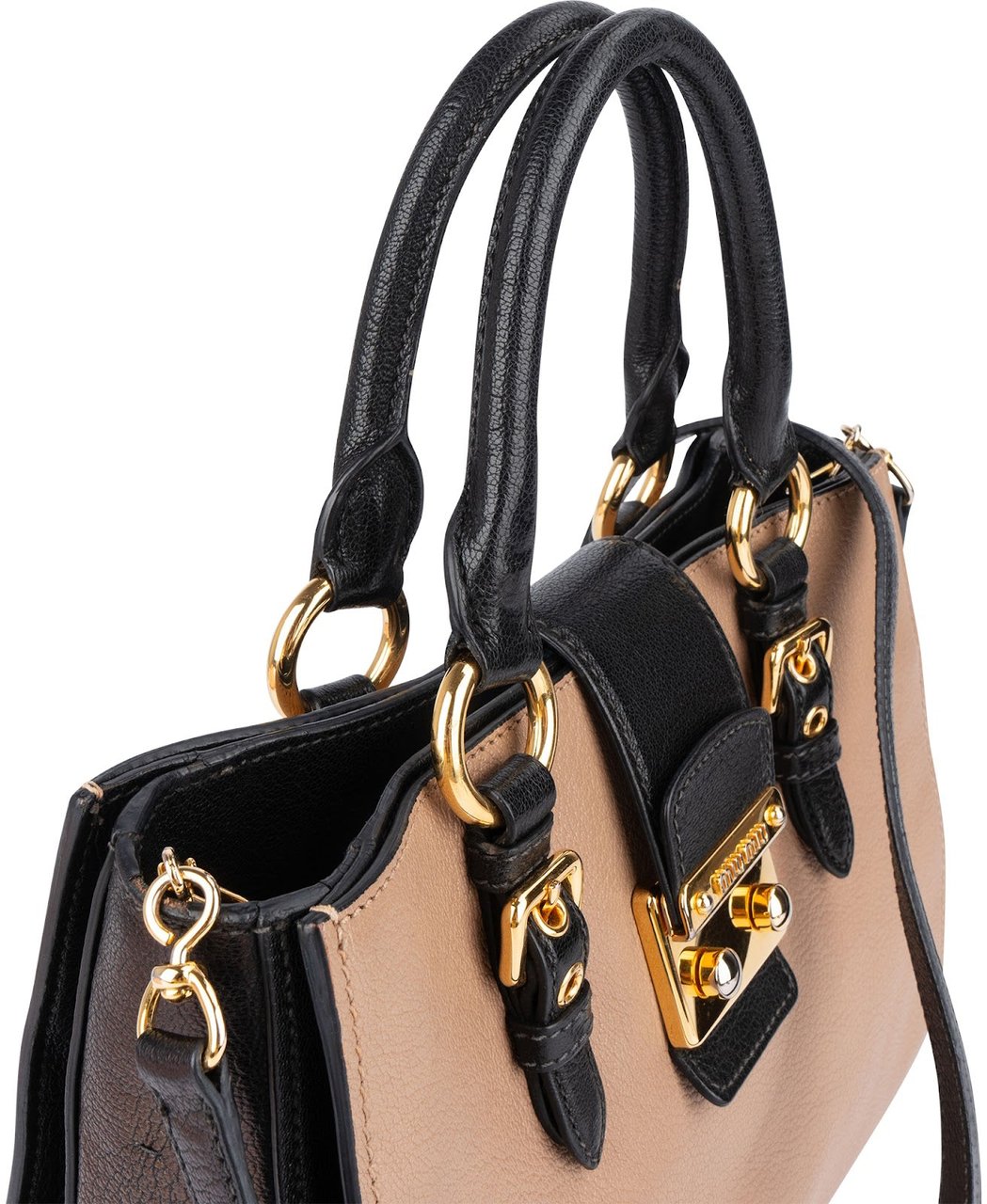 Miu Miu Miu Miu Bicolor Madras Leather Top Handle Handbag Zwart