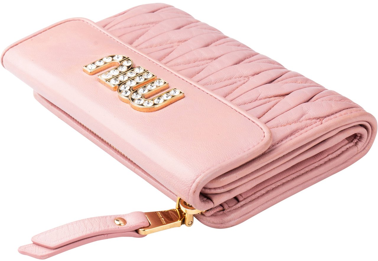 Miu Miu Miu Miu Quilted Leather Crystal Wallet Roze