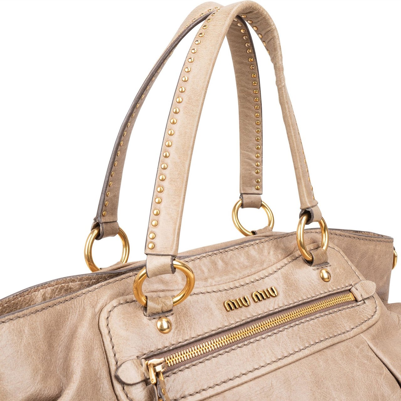 Miu Miu Miu Miu Vitello Lux Studded Handbag Beige