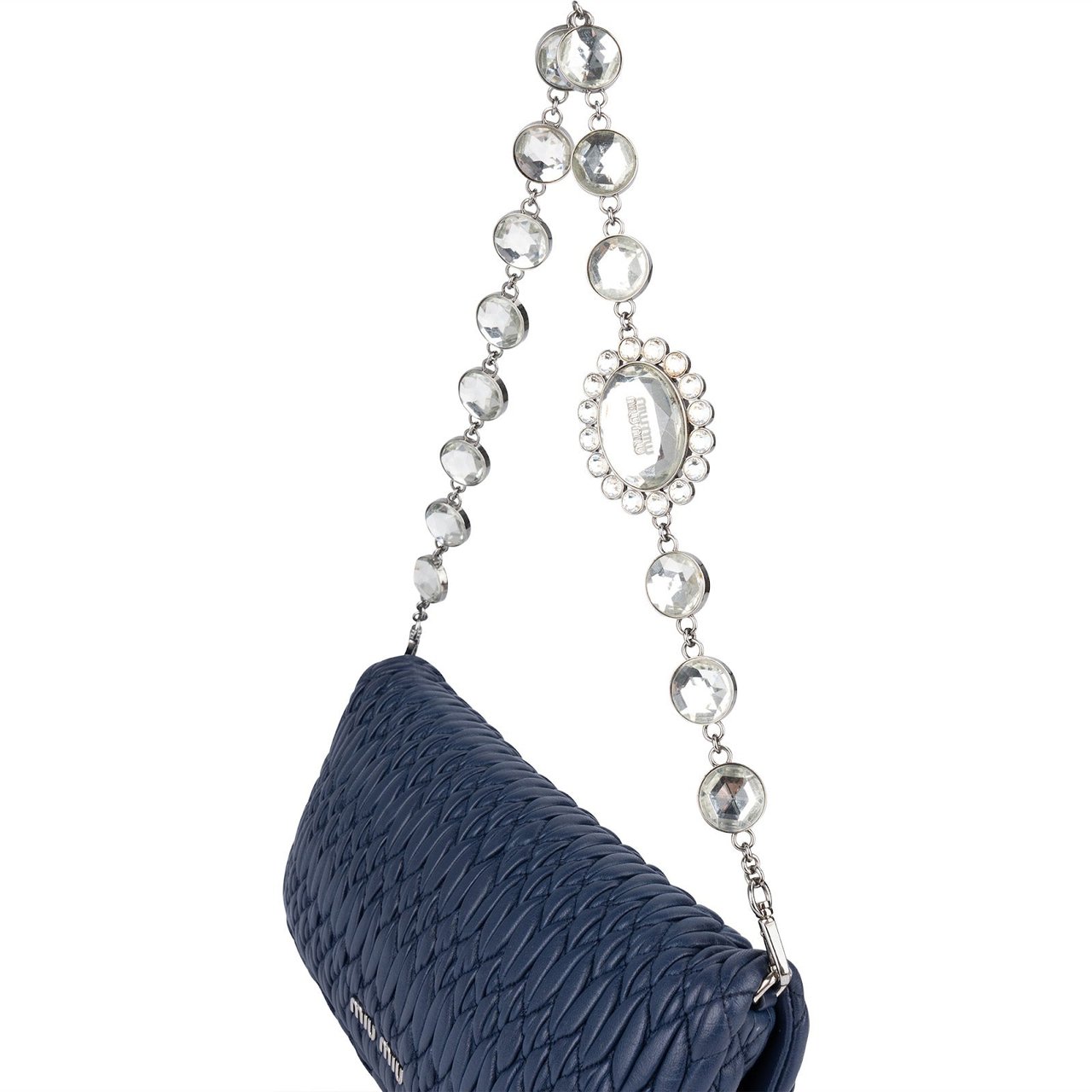 Miu Miu Matelassé Nappa Leather Crystal Pochette Shoulder Bag Navy