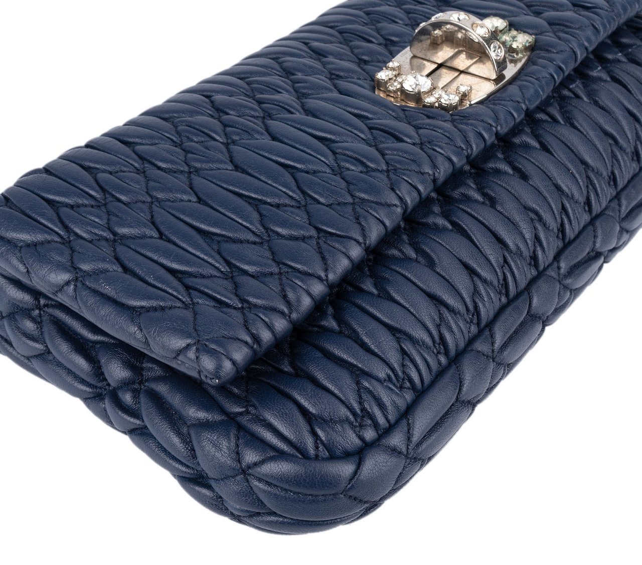 Miu Miu Matelassé Nappa Leather Crystal Pochette Shoulder Bag Navy