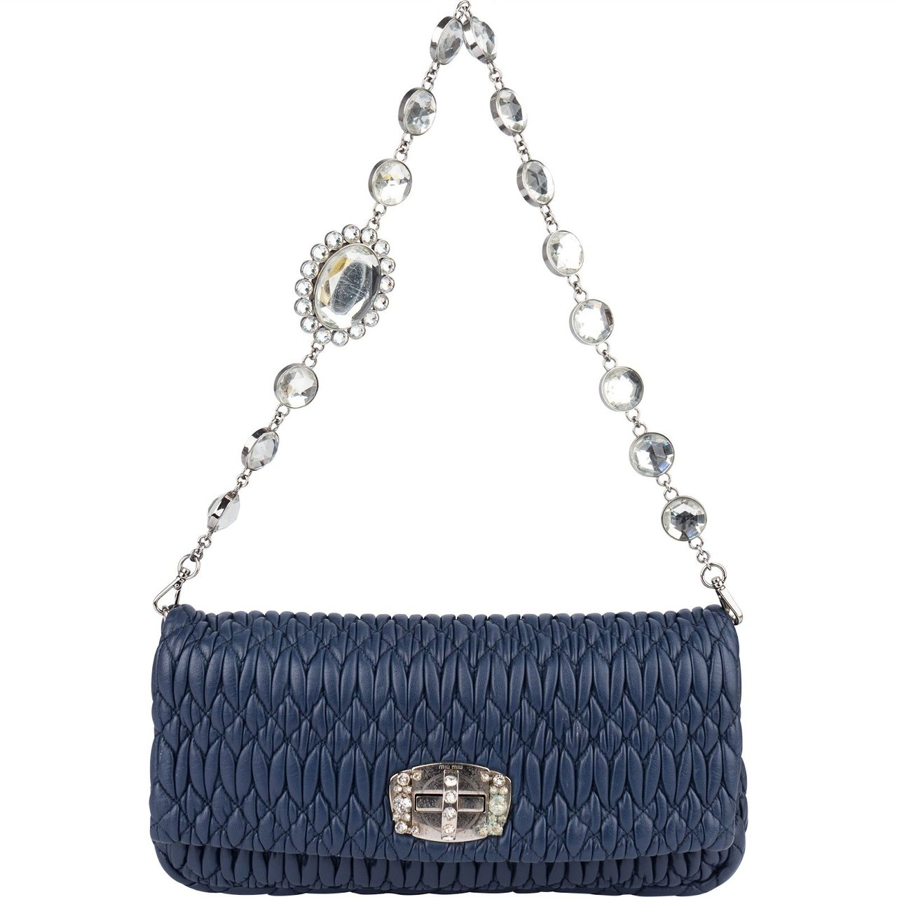 Miu Miu Matelassé Nappa Leather Crystal Pochette Shoulder Bag Navy