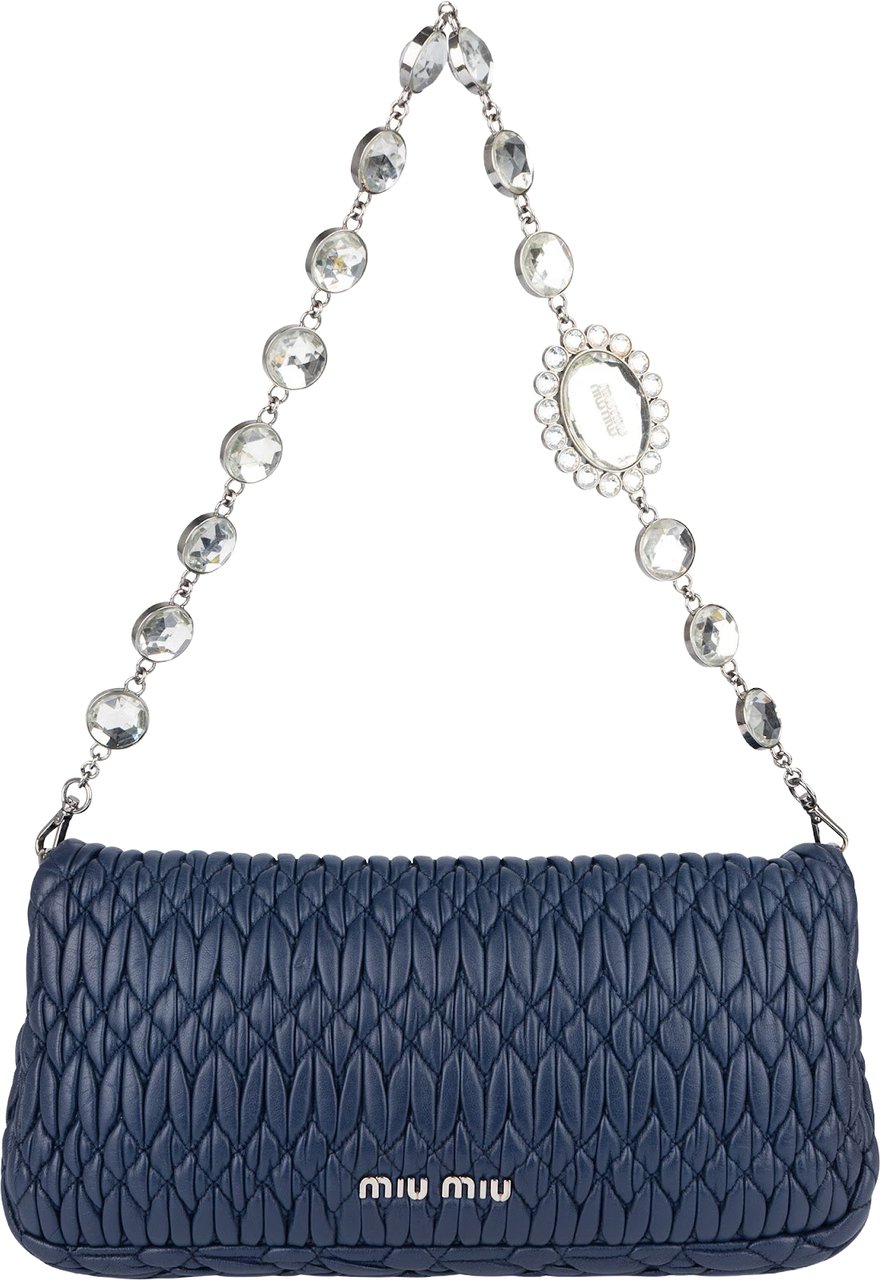 Miu Miu Matelassé Nappa Leather Crystal Pochette Shoulder Bag Navy