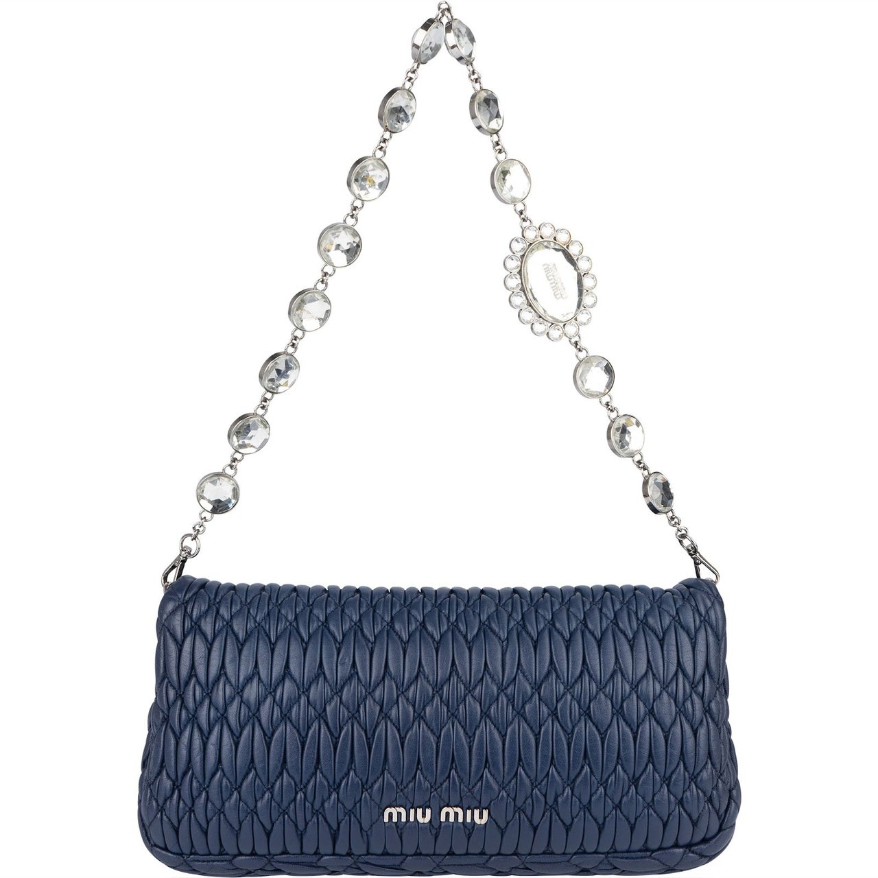 Miu Miu Miu Miu Matelassé Nappa Leather Crystal Pochette Shoulder Bag Navy