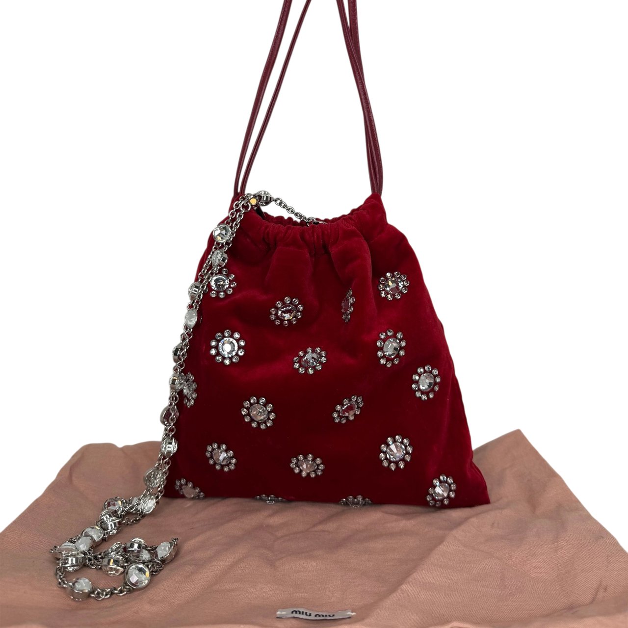 MIU MIU Crystal-Embellished Velvet Clutch on Chain  rot / neuwertig Rood