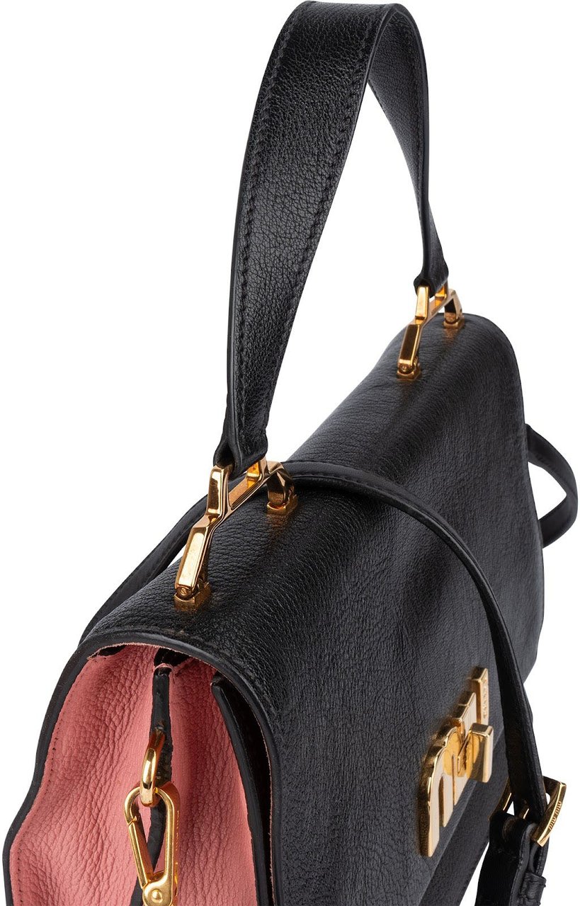 Miu Miu Black Madras Leather Top Handle Crossbody Handbag Zwart