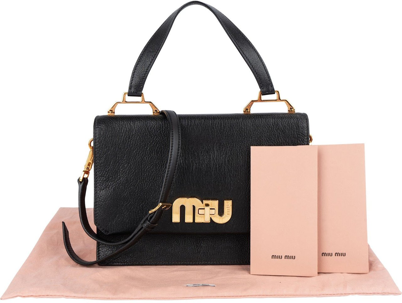Miu Miu Black Madras Leather Top Handle Crossbody Handbag Zwart