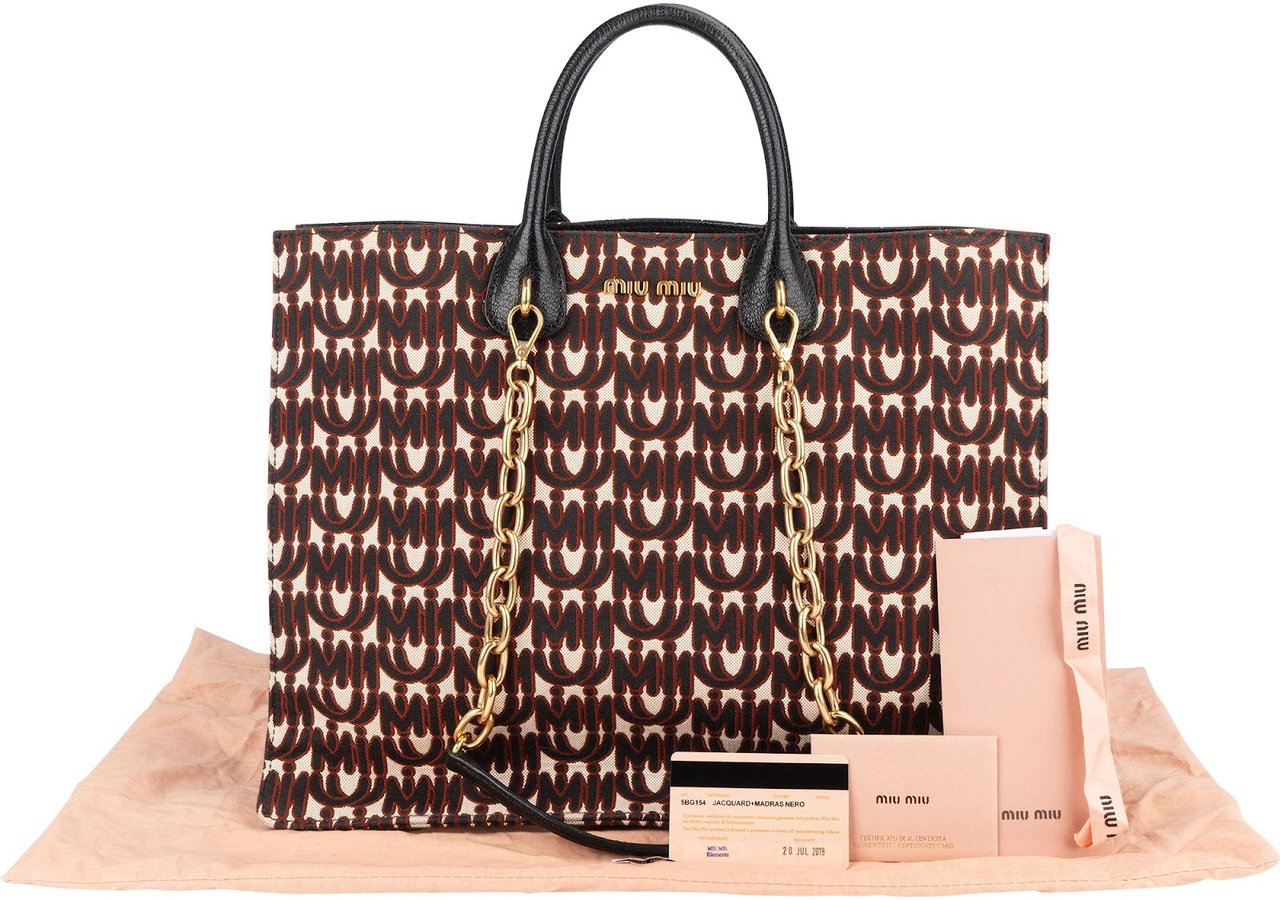 Miu Miu Jacquard Fabric Tote Handbag Zwart
