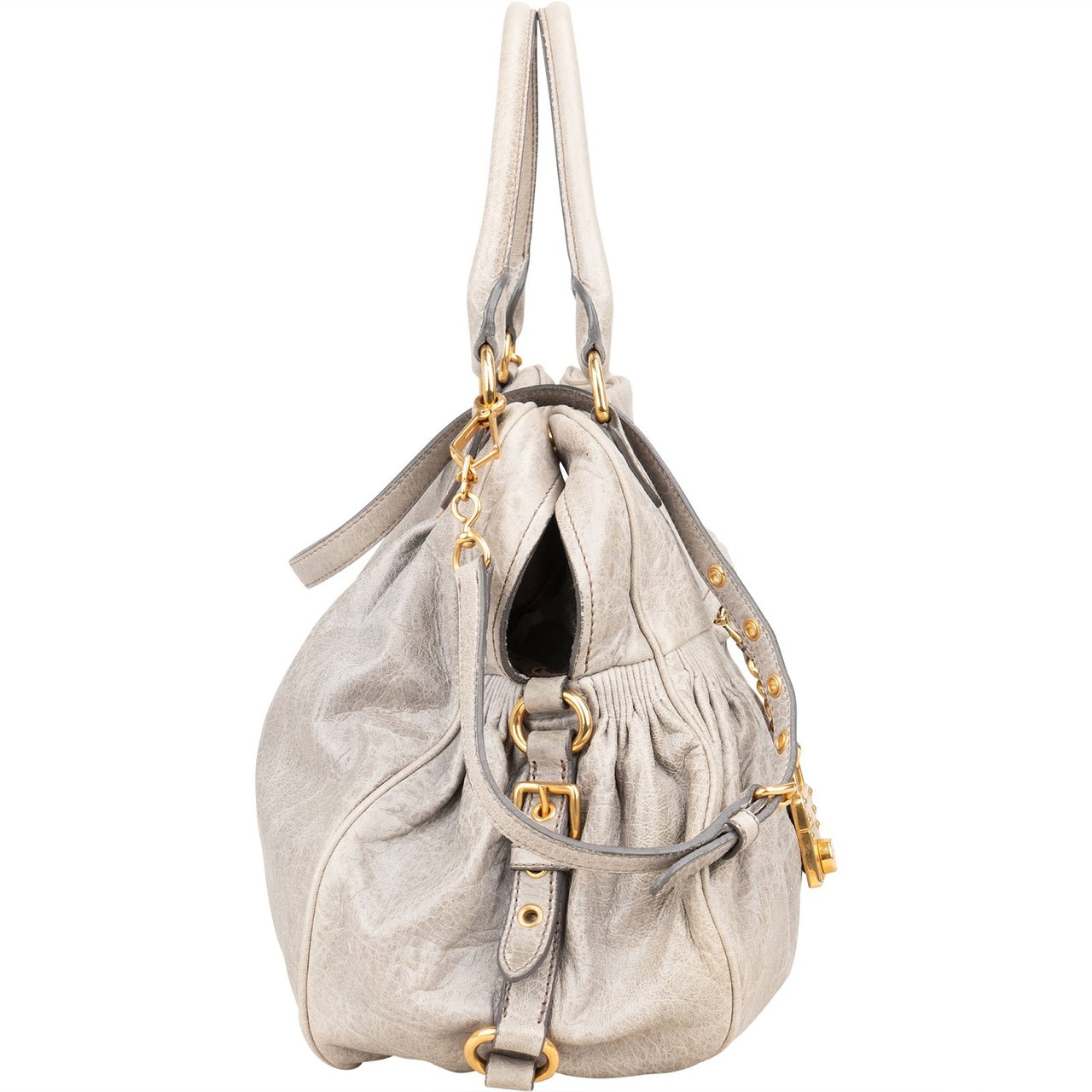 Miu Miu Miu Miu Vitello Lux Leather Padlock Handbag Donkergrijs