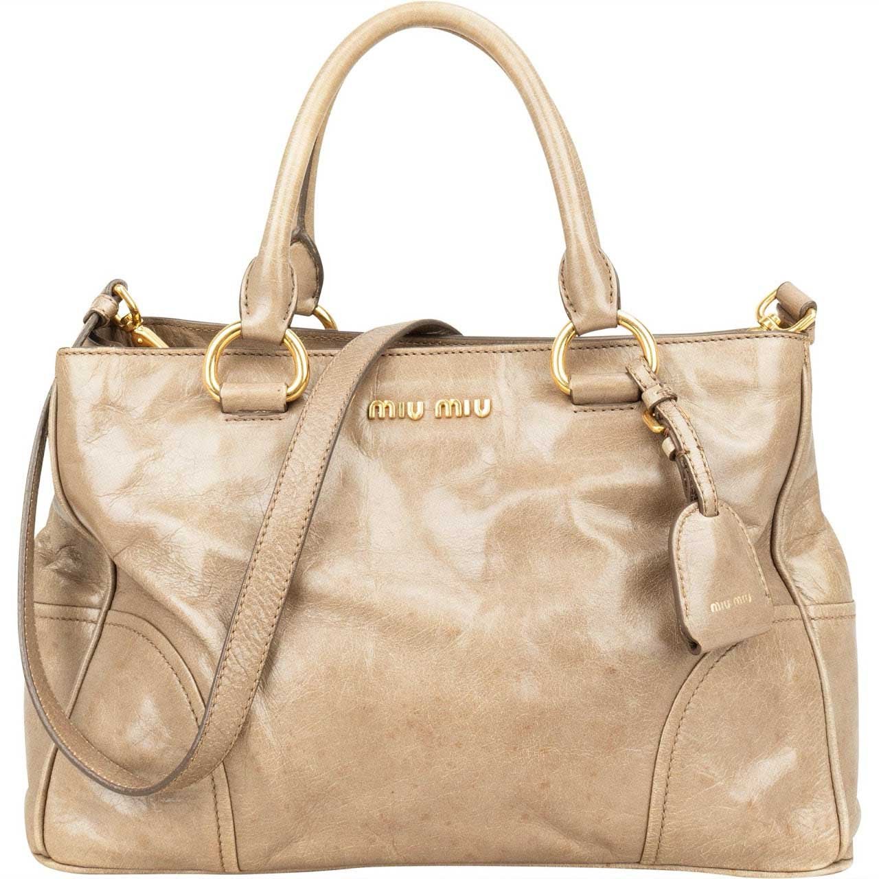 Miu Miu Vitello Lux Leather Handbag Taupe