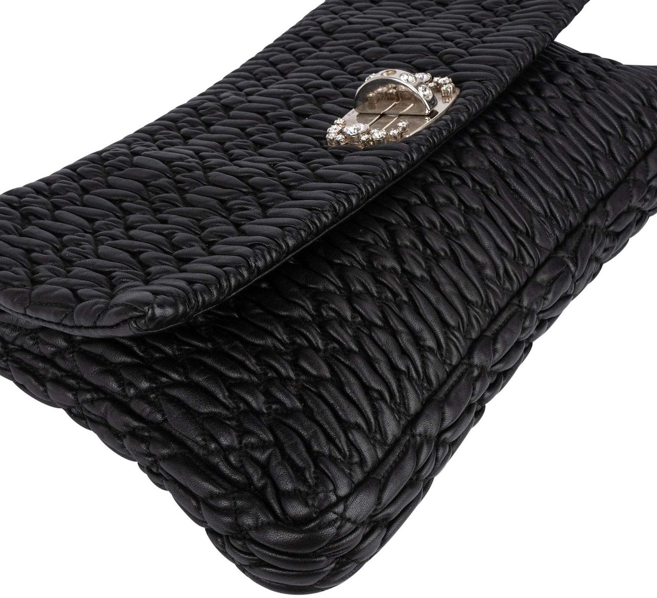 Miu Miu Matelassé Nappa Leather Crystal Shoulder Bag Zwart