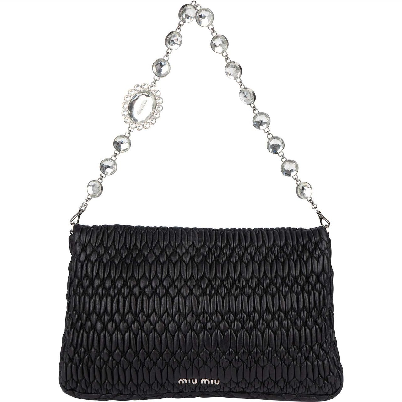 Miu Miu Matelassé Nappa Leather Crystal Shoulder Bag Zwart