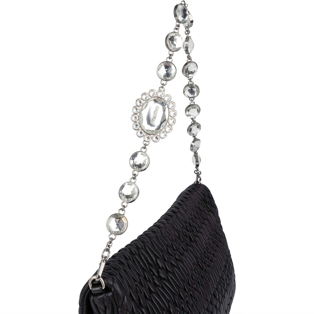 Miu Miu Matelassé Nappa Leather Crystal Shoulder Bag Zwart