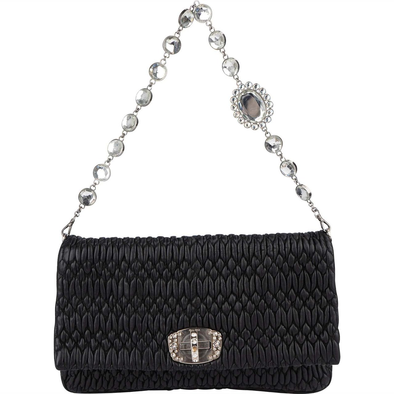 Miu Miu Matelassé Nappa Leather Crystal Shoulder Bag Zwart