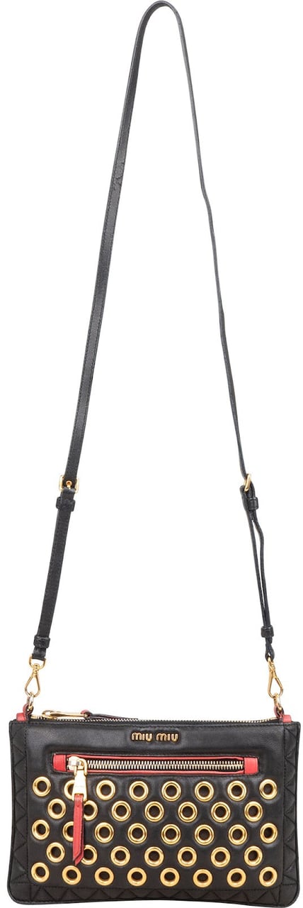 Miu Miu Miu Miu Quilted Leather Eyelet Crossbody Bag Zwart