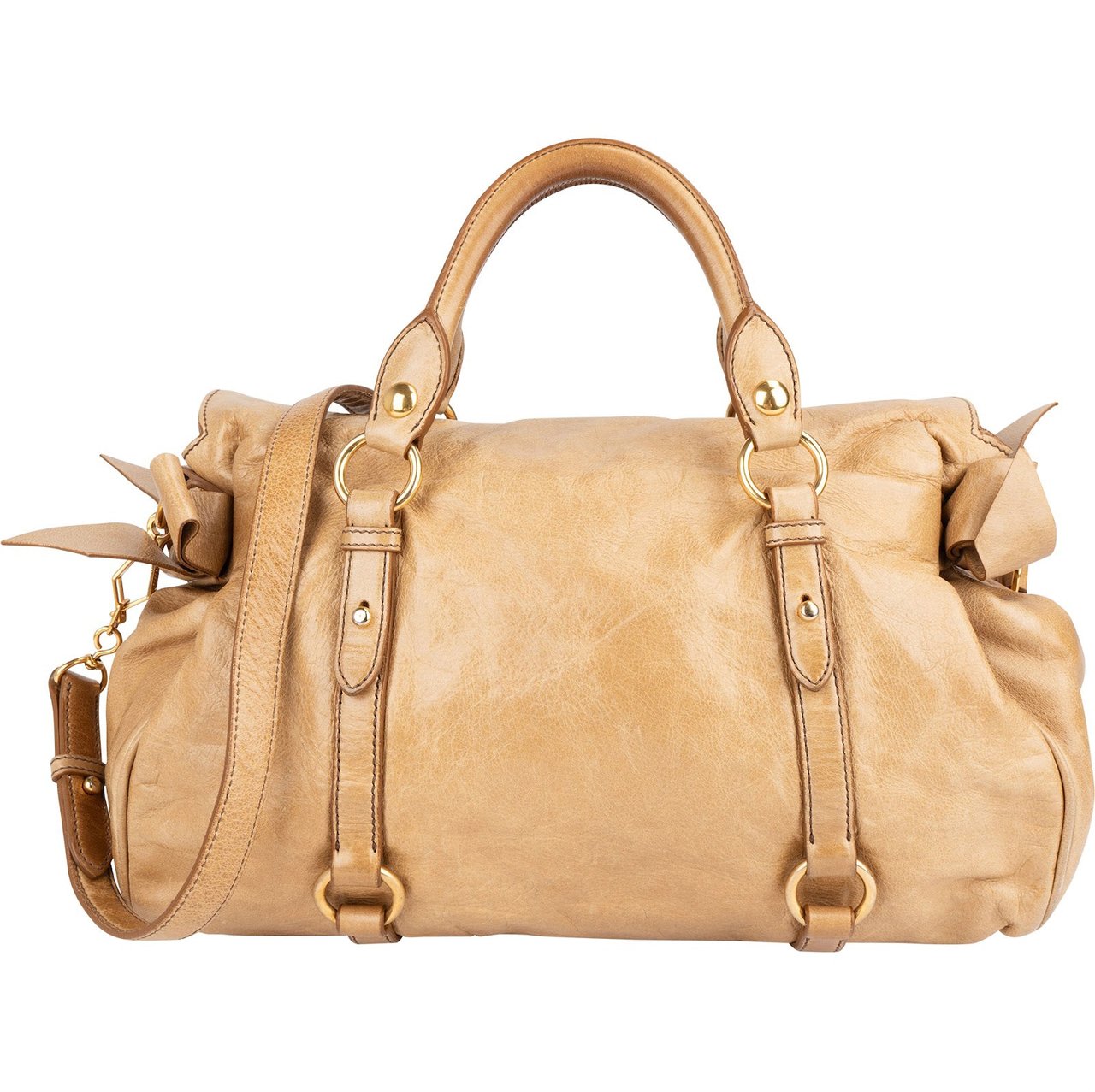 Miu Miu Vitello Lux Bow Satchel Handbag Beige