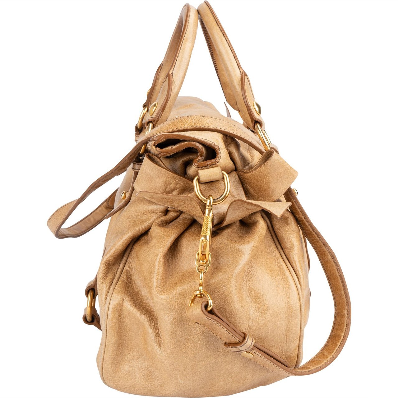 Miu Miu Vitello Lux Bow Satchel Handbag Beige