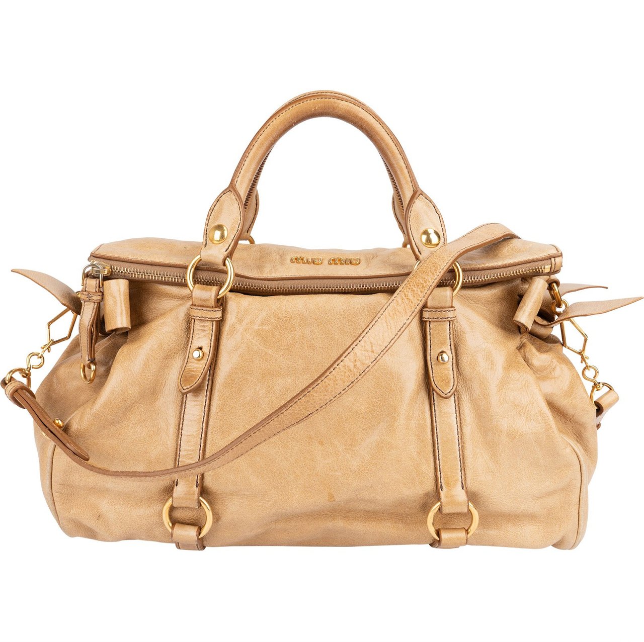 Miu Miu Vitello Lux Bow Satchel Handbag Beige