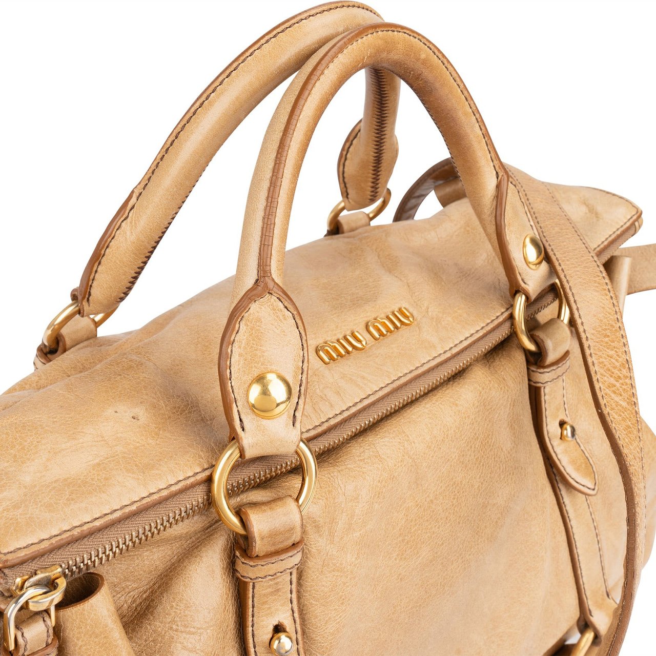 Miu Miu Vitello Lux Bow Satchel Handbag Beige