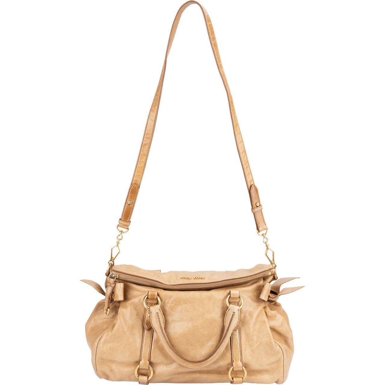 Miu Miu Vitello Lux Bow Satchel Handbag Beige