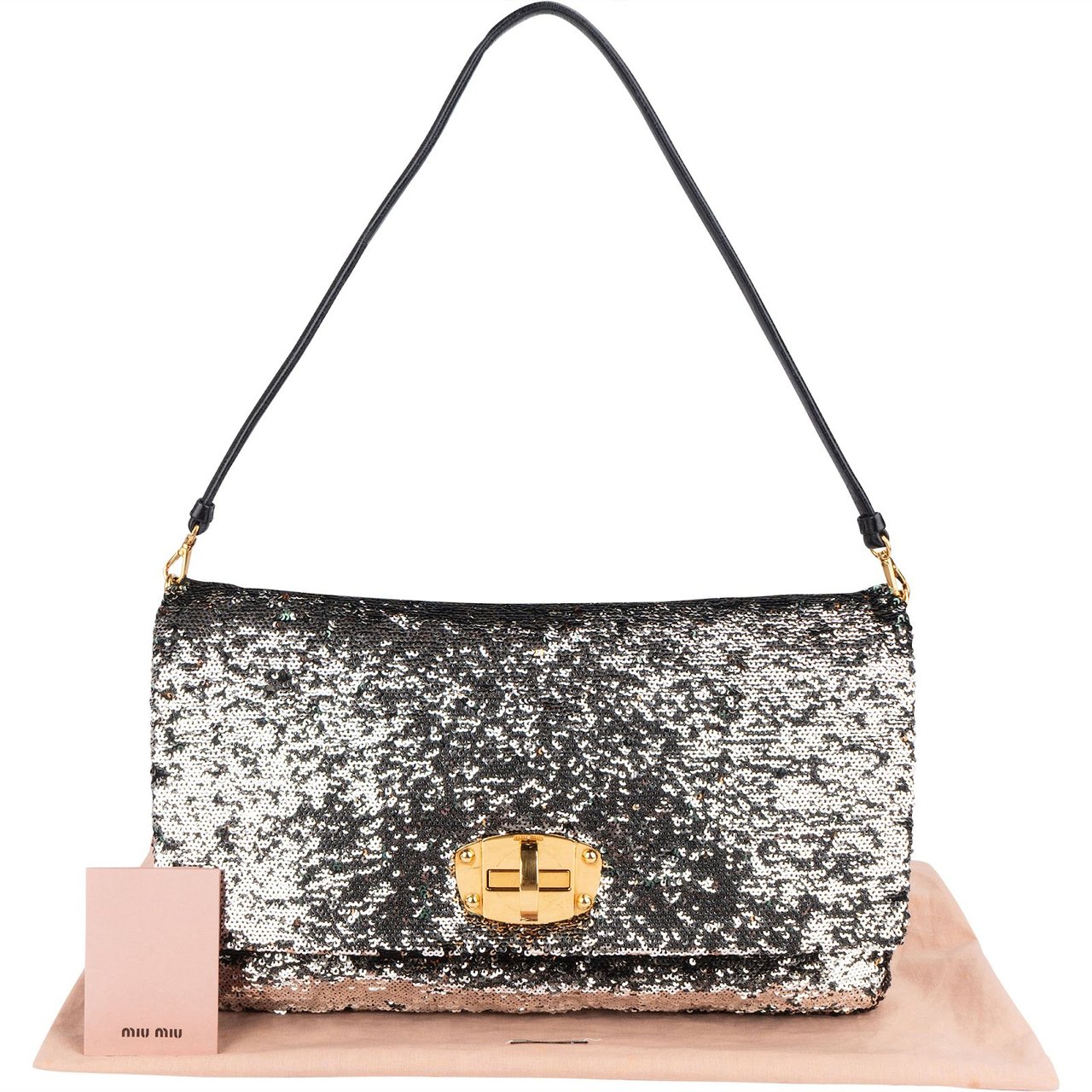 Miu Miu Bicolor Sequin Flap Hobo Shoulder Bag Zwart