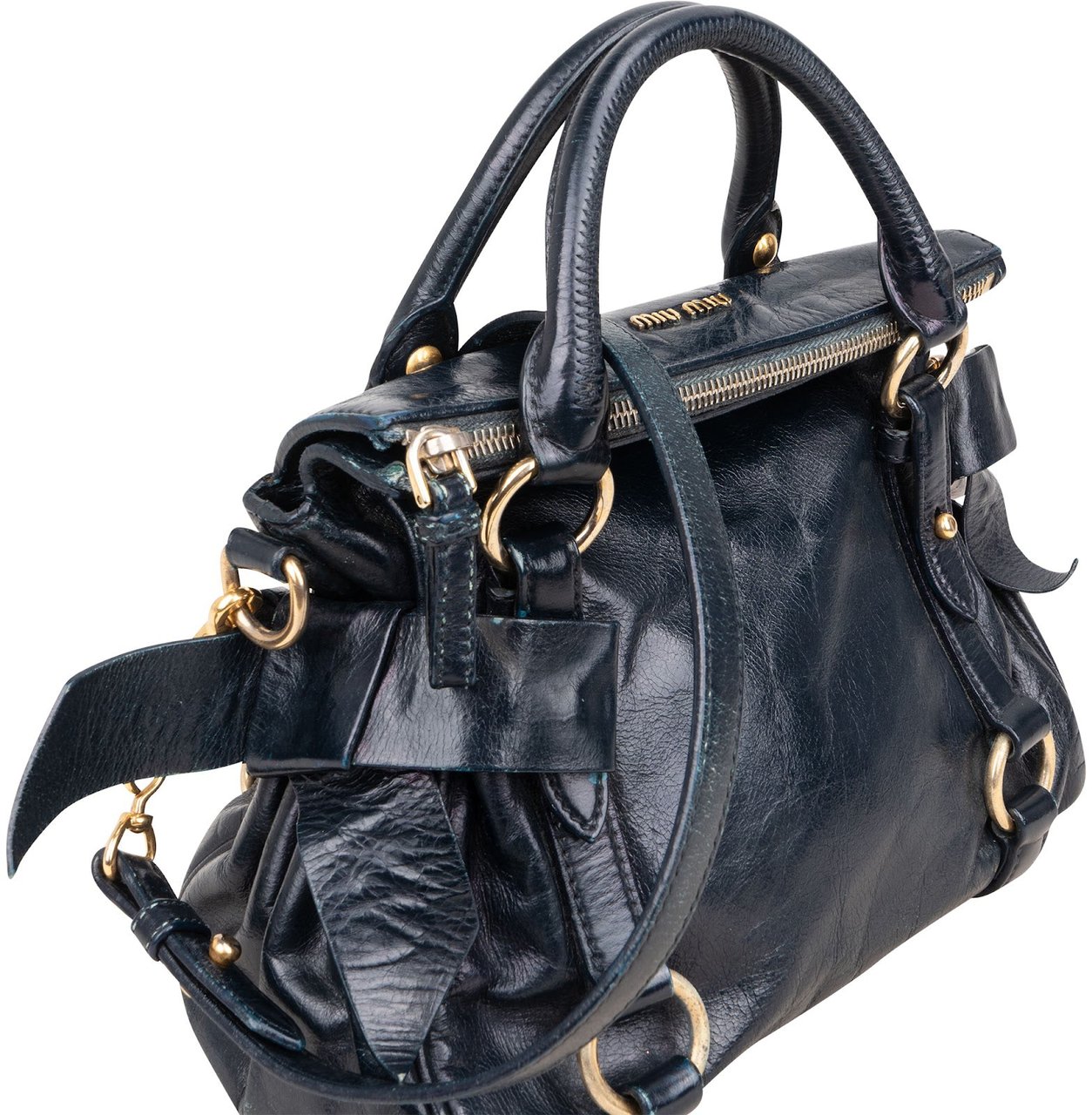 Miu Miu Vitello Lux Bow Handbag Navy