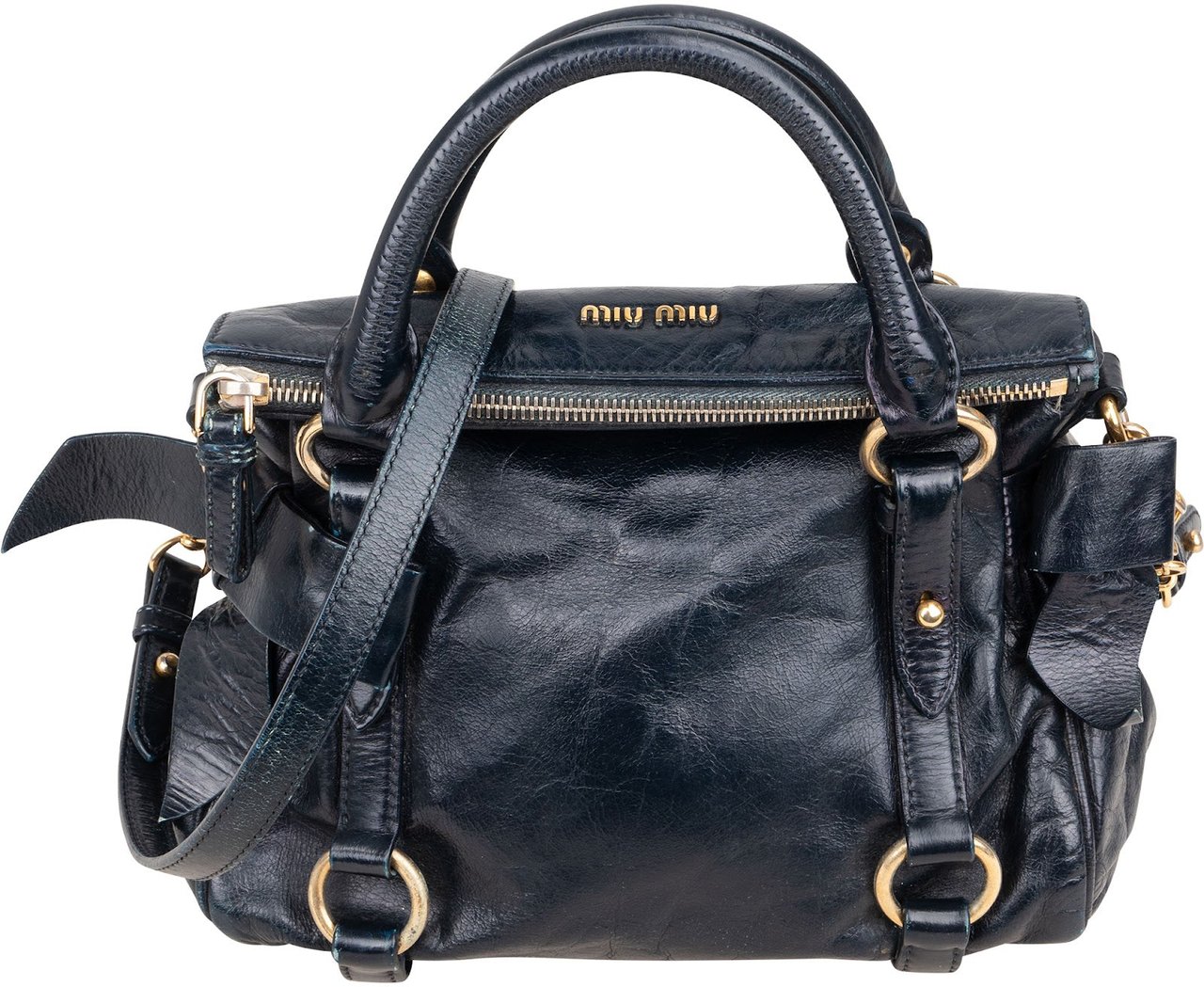 Miu Miu Vitello Lux Bow Handbag Navy